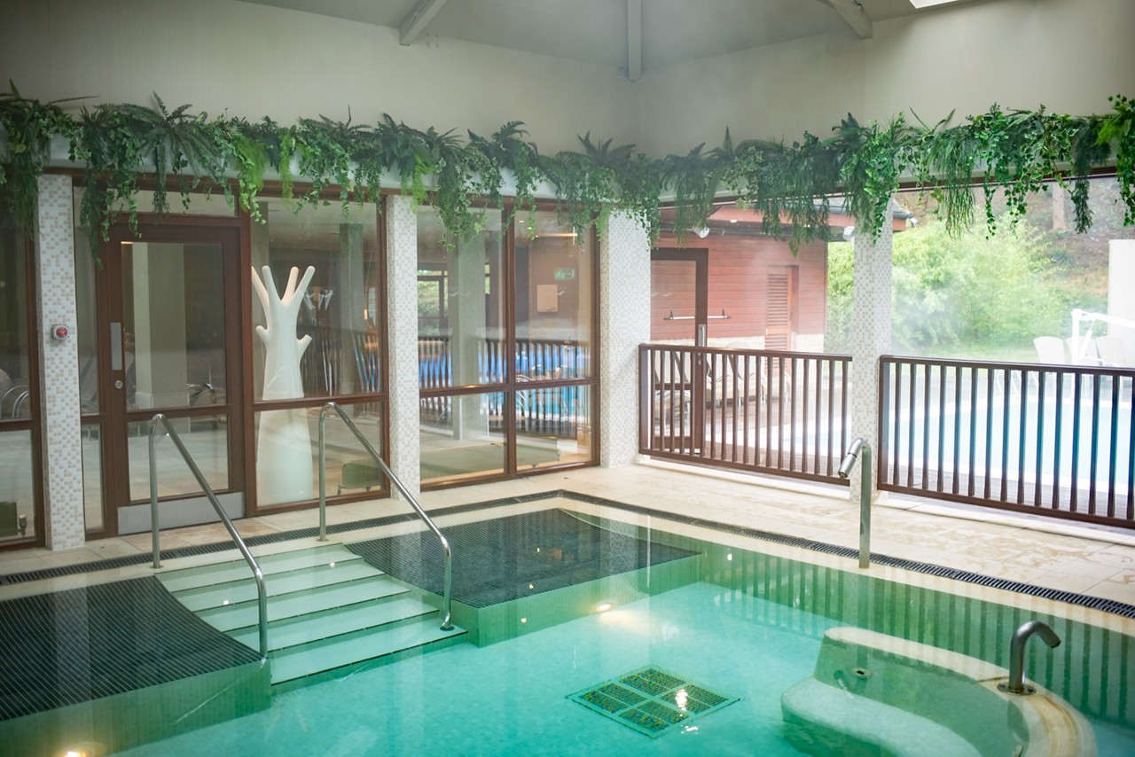 Hydropool surrounded by hanging plants.